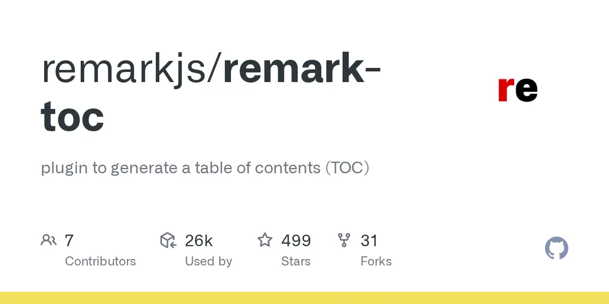 plugin to generate a table of contents (TOC). Contribute to remarkjs/remark-toc development by creating an account on GitHub.